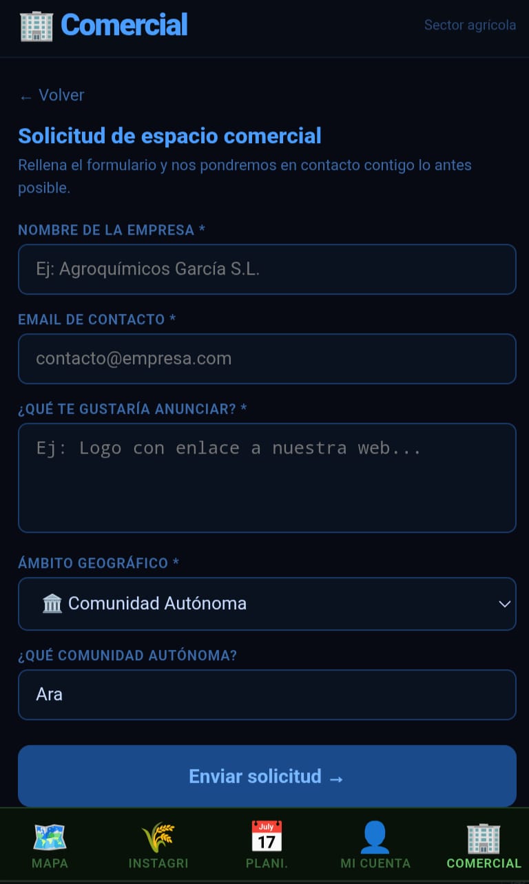Formulario de solicitud de espacio comercial en Isidro