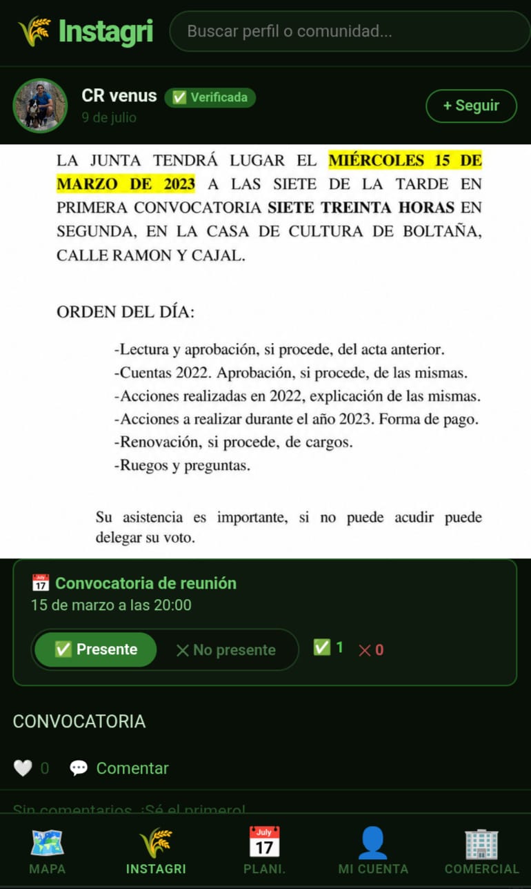 Convocatoria de reunión publicada en Instagri
