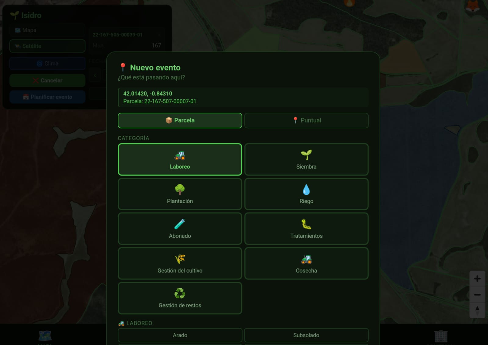 Registro de un nuevo evento agrícola sobre una parcela
